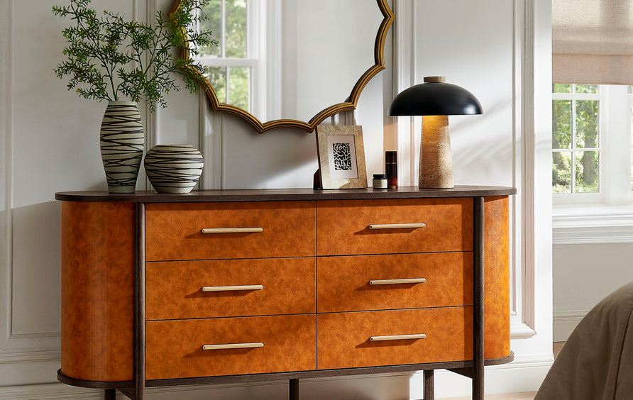 Verdant Curved 6-Drawer Vegan Leather Oval Dresser in Walnut Tan
