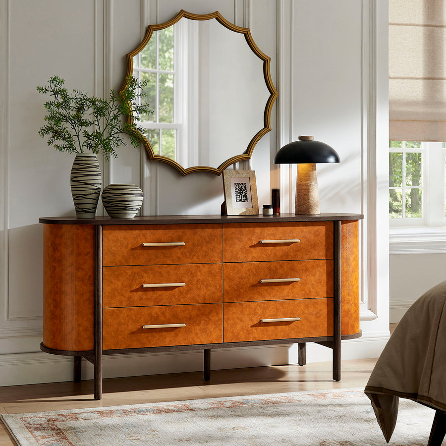 Verdant Curved 6-Drawer Vegan Leather Oval Dresser in Walnut Tan