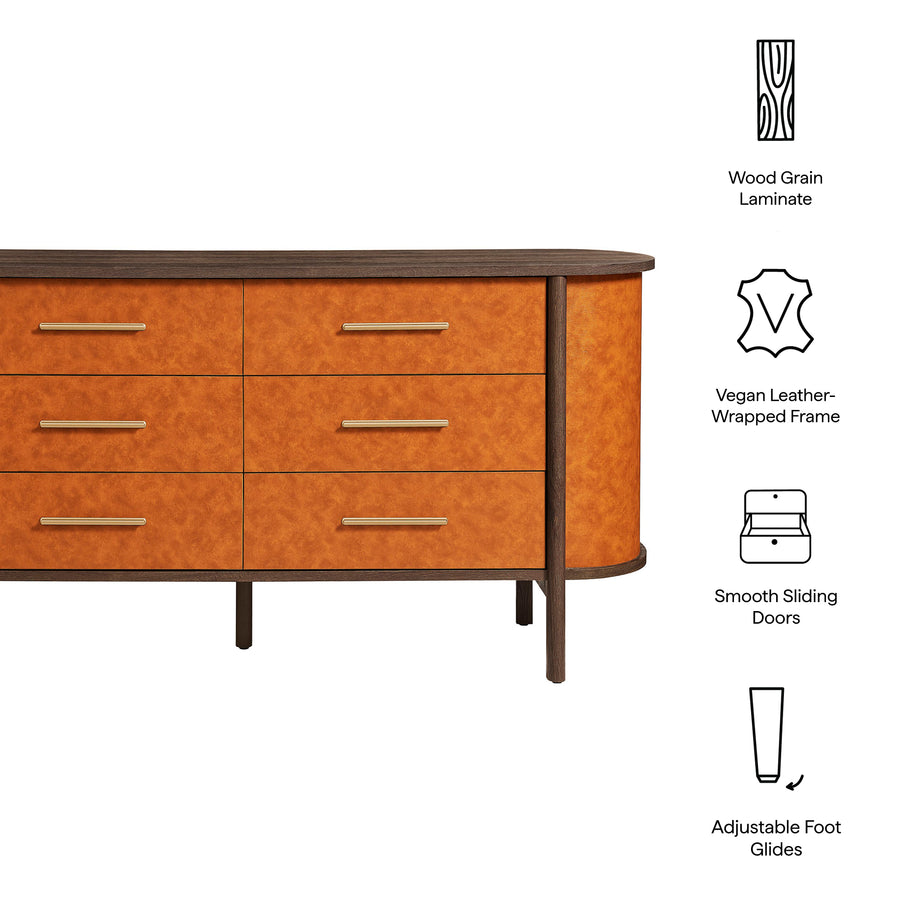 Verdant Curved 6-Drawer Vegan Leather Oval Dresser in Walnut Tan