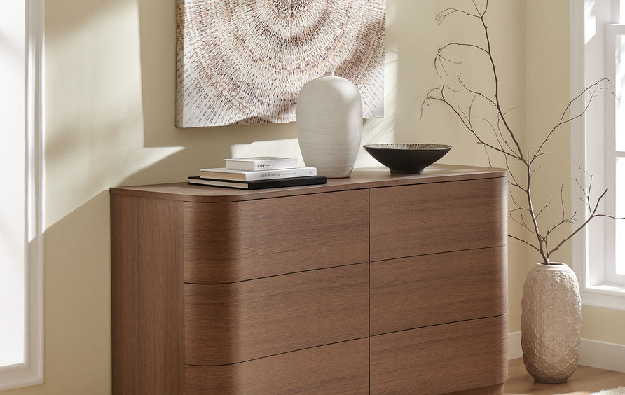 Mosaic 6-Drawer Curved Dresser in Brushed Brown Oak