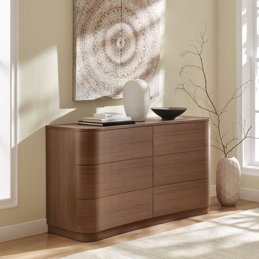 Mosaic 6-Drawer Curved Dresser in Brushed Brown Oak