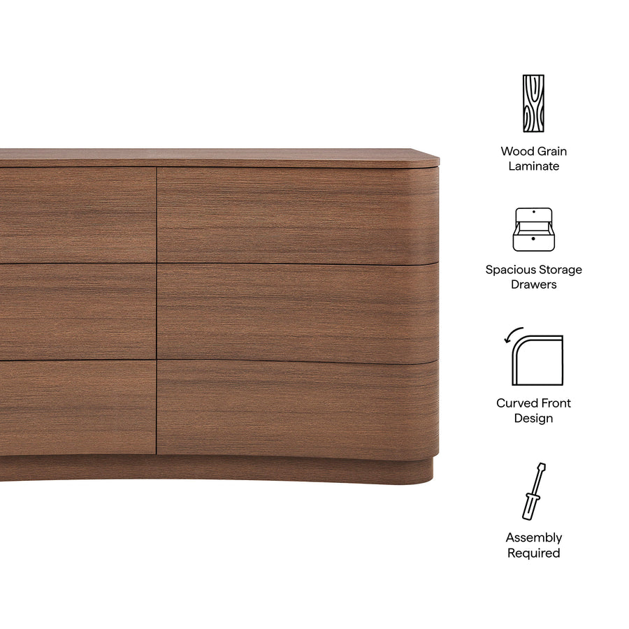 Mosaic 6-Drawer Curved Dresser in Brushed Brown Oak