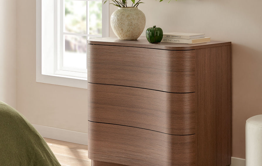 Mosaic 3-Drawer Curved Compact Dresser in Brushed Brown Oak