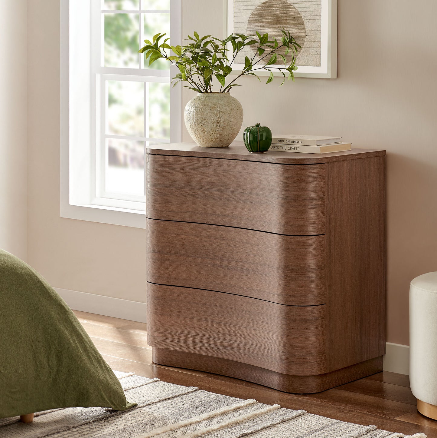 Mosaic 3-Drawer Curved Compact Dresser in Brushed Brown Oak