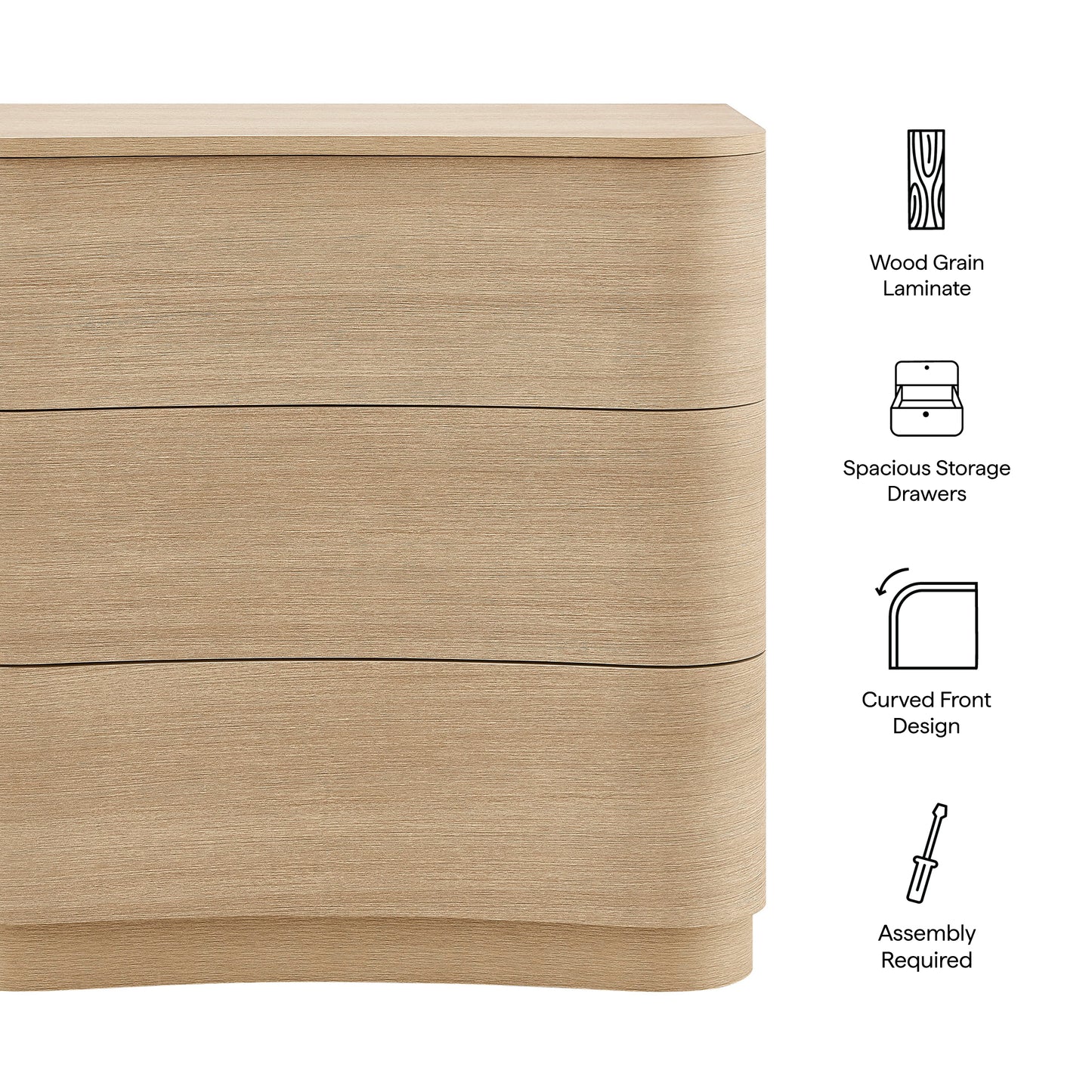 Mosaic 3-Drawer Curved Compact Dresser in Brushed Light Oak