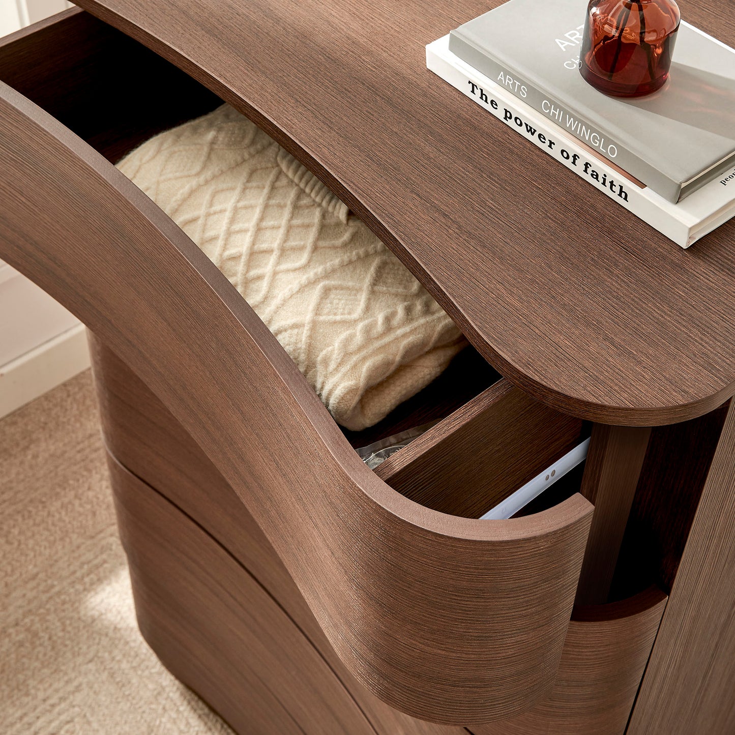 Mosaic 5-Drawer Curved Dresser Chest of Drawers in Brushed Brown Oak