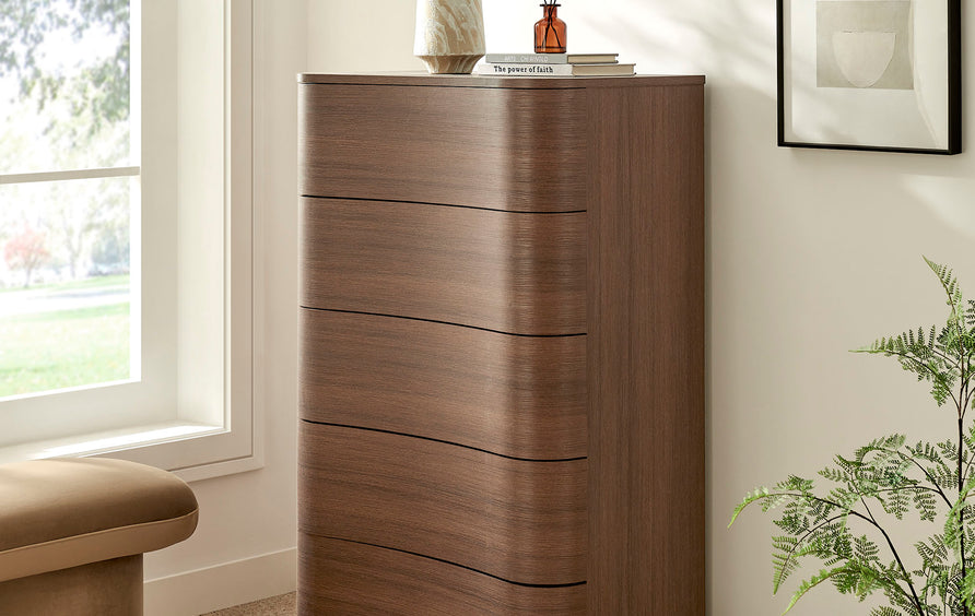 Mosaic 5-Drawer Curved Dresser Chest of Drawers in Brushed Brown Oak
