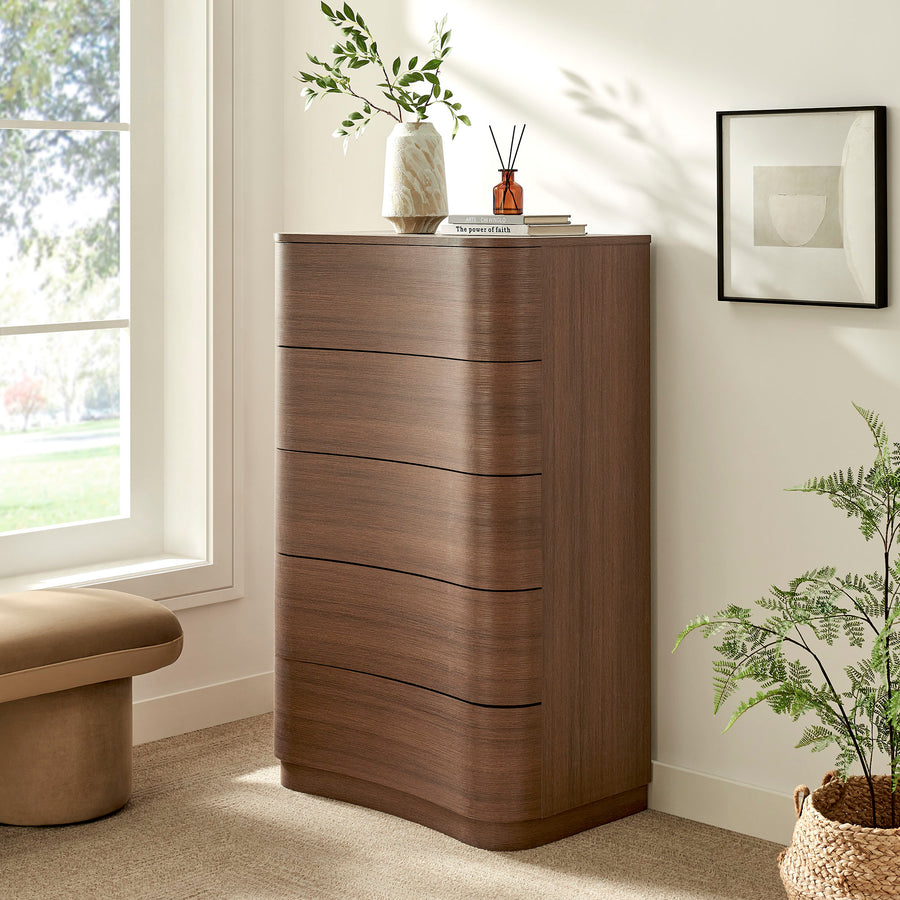 Mosaic 5-Drawer Curved Dresser Chest of Drawers in Brushed Brown Oak