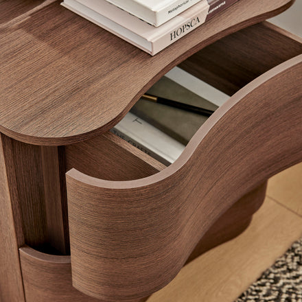 Mirae 2-Drawer Curved Nightstand in Brushed Brown Oak
