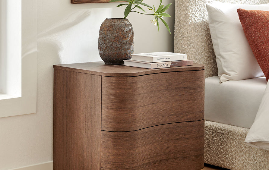 Mosaic 2-Drawer Curved Nightstand in Brushed Brown Oak