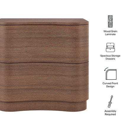 Mirae 2-Drawer Curved Nightstand in Brushed Brown Oak
