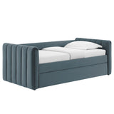 Kesia Channel Tufted Performance Velvet Twin Daybed With Trundle in Cadet Blue