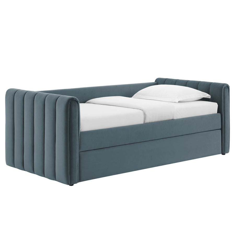 Kesia Channel Tufted Performance Velvet Twin Daybed With Trundle in Cadet Blue