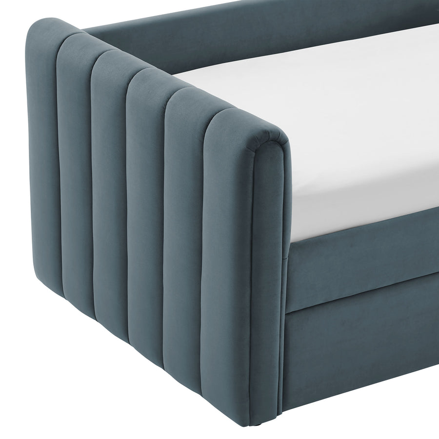 Kesia Channel Tufted Performance Velvet Twin Daybed With Trundle in Cadet Blue