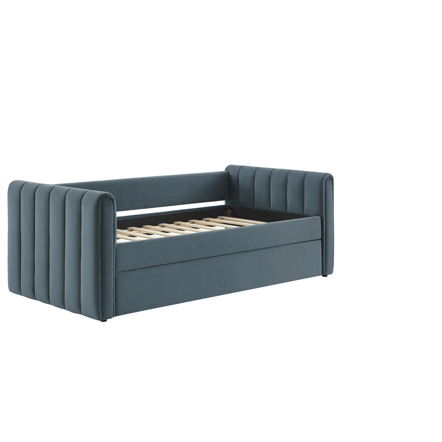 Kesia Channel Tufted Performance Velvet Twin Daybed With Trundle in Cadet Blue