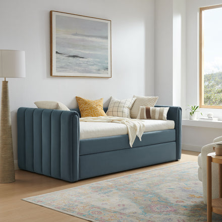 Veyla Channel Tufted Performance Velvet Twin Daybed With Trundle in Cadet Blue