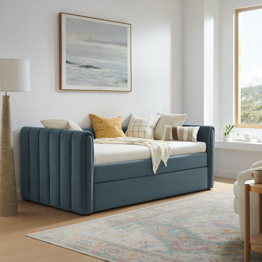Kesia Channel Tufted Performance Velvet Twin Daybed With Trundle in Cadet Blue