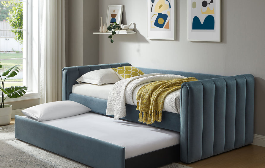 Kesia Channel Tufted Performance Velvet Twin Daybed With Trundle in Cadet Blue