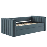Kesia Channel Tufted Performance Velvet Twin Daybed With Trundle in Cadet Blue