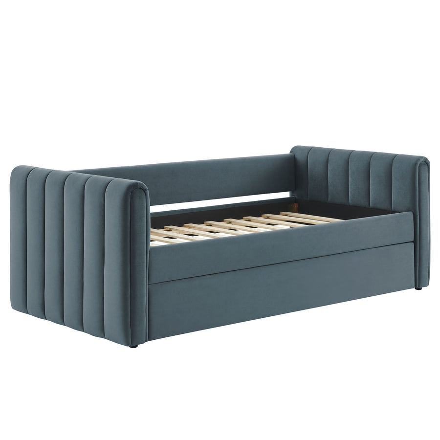Kesia Channel Tufted Performance Velvet Twin Daybed With Trundle in Cadet Blue