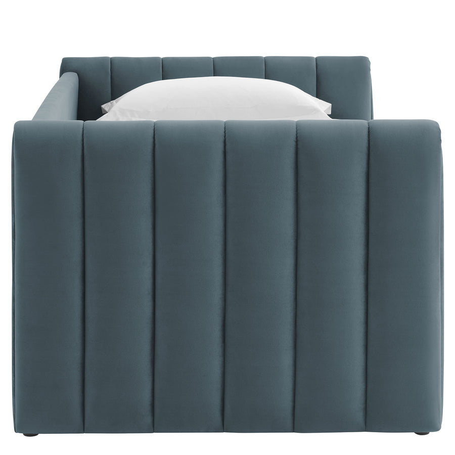 Kesia Channel Tufted Performance Velvet Twin Daybed With Trundle in Cadet Blue