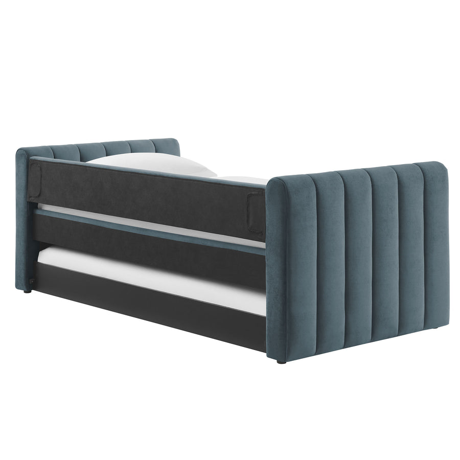 Kesia Channel Tufted Performance Velvet Twin Daybed With Trundle in Cadet Blue