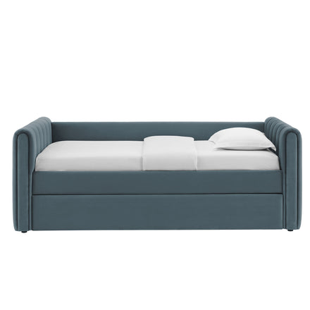 Veyla Channel Tufted Performance Velvet Twin Daybed With Trundle in Cadet Blue