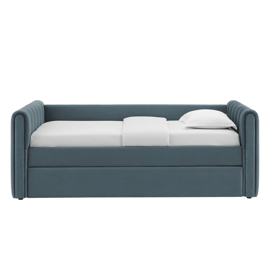 Kesia Channel Tufted Performance Velvet Twin Daybed With Trundle in Cadet Blue