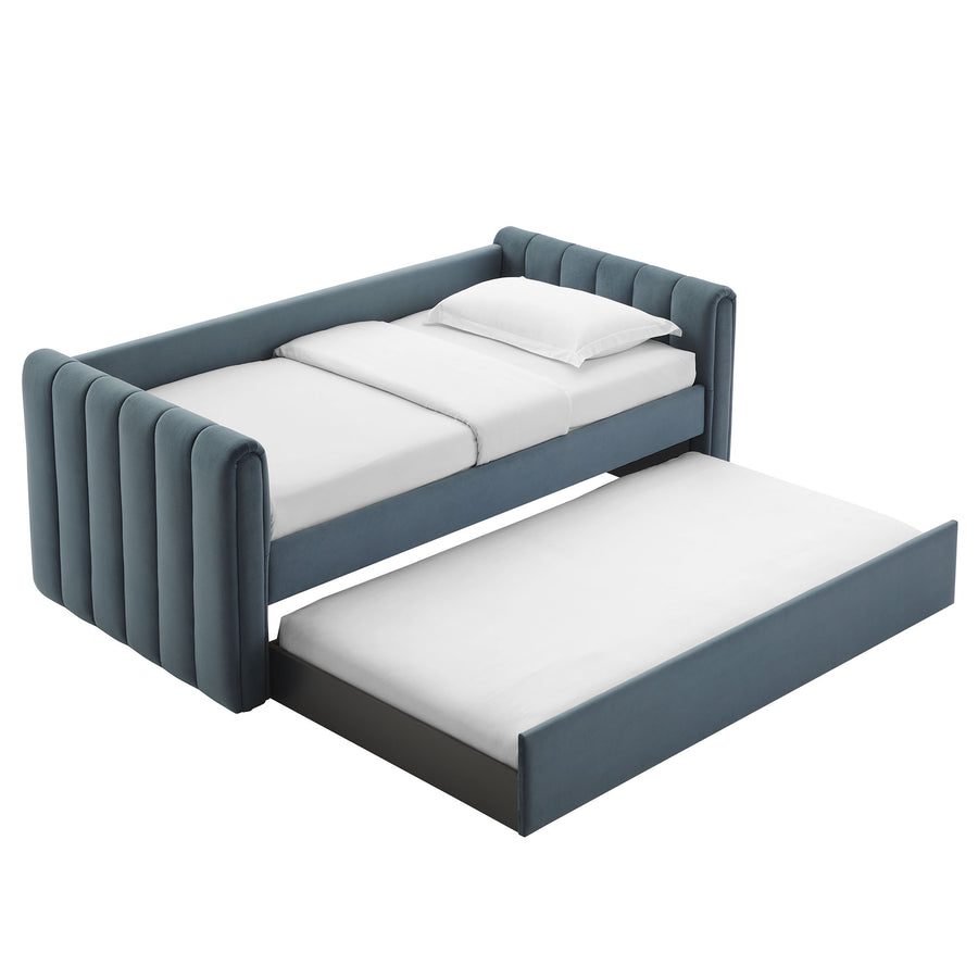 Kesia Channel Tufted Performance Velvet Twin Daybed With Trundle in Cadet Blue