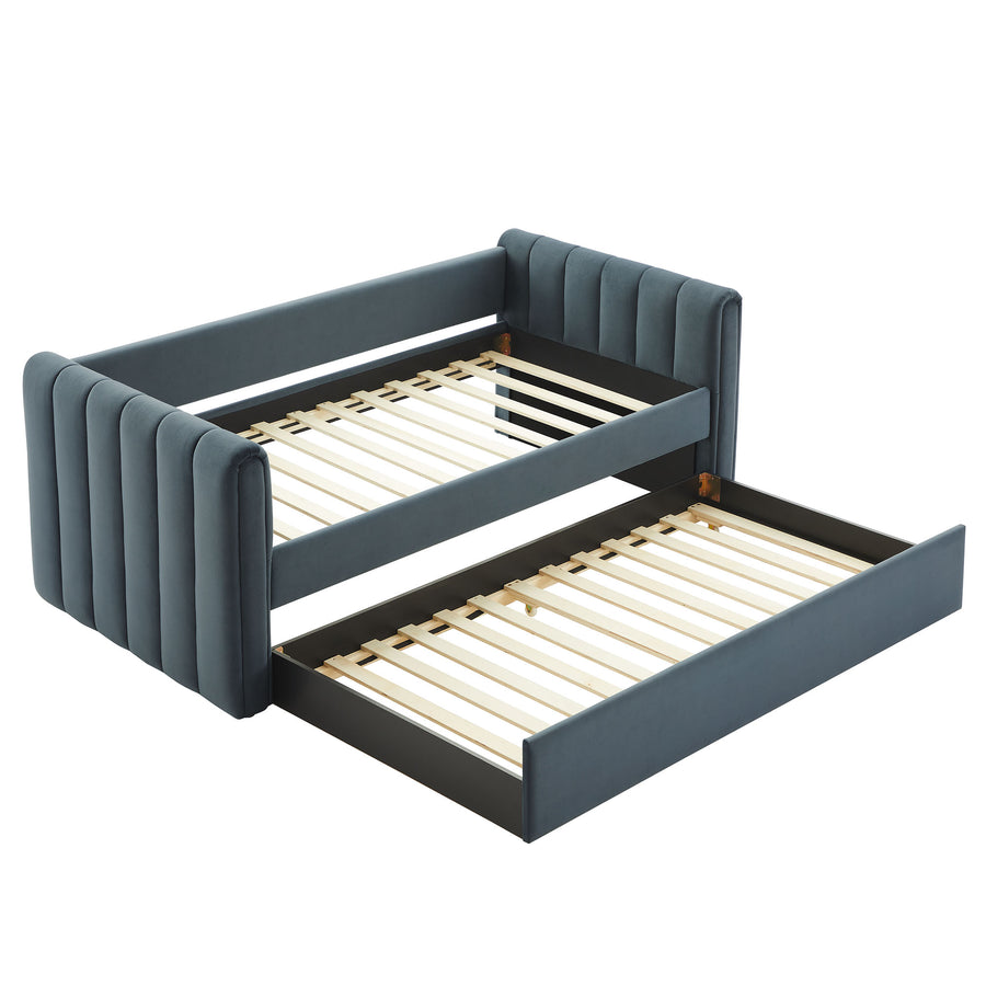 Kesia Channel Tufted Performance Velvet Twin Daybed With Trundle in Cadet Blue