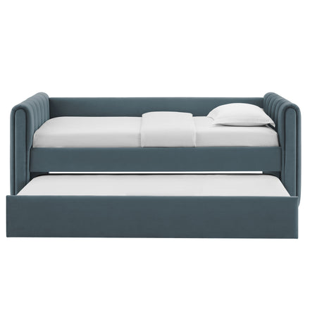 Veyla Channel Tufted Performance Velvet Twin Daybed With Trundle in Cadet Blue