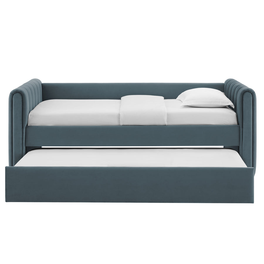 Kesia Channel Tufted Performance Velvet Twin Daybed With Trundle in Cadet Blue
