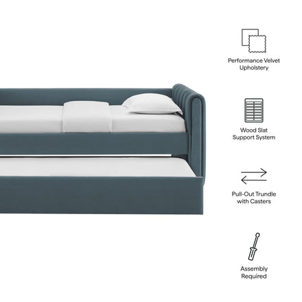 Veyla Channel Tufted Performance Velvet Twin Daybed With Trundle in Cadet Blue