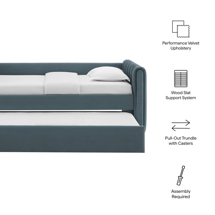 Kesia Channel Tufted Performance Velvet Twin Daybed With Trundle in Cadet Blue