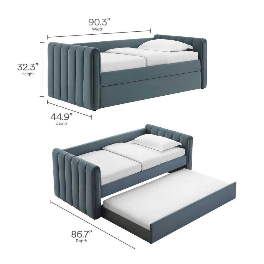 Kesia Channel Tufted Performance Velvet Twin Daybed With Trundle in Cadet Blue