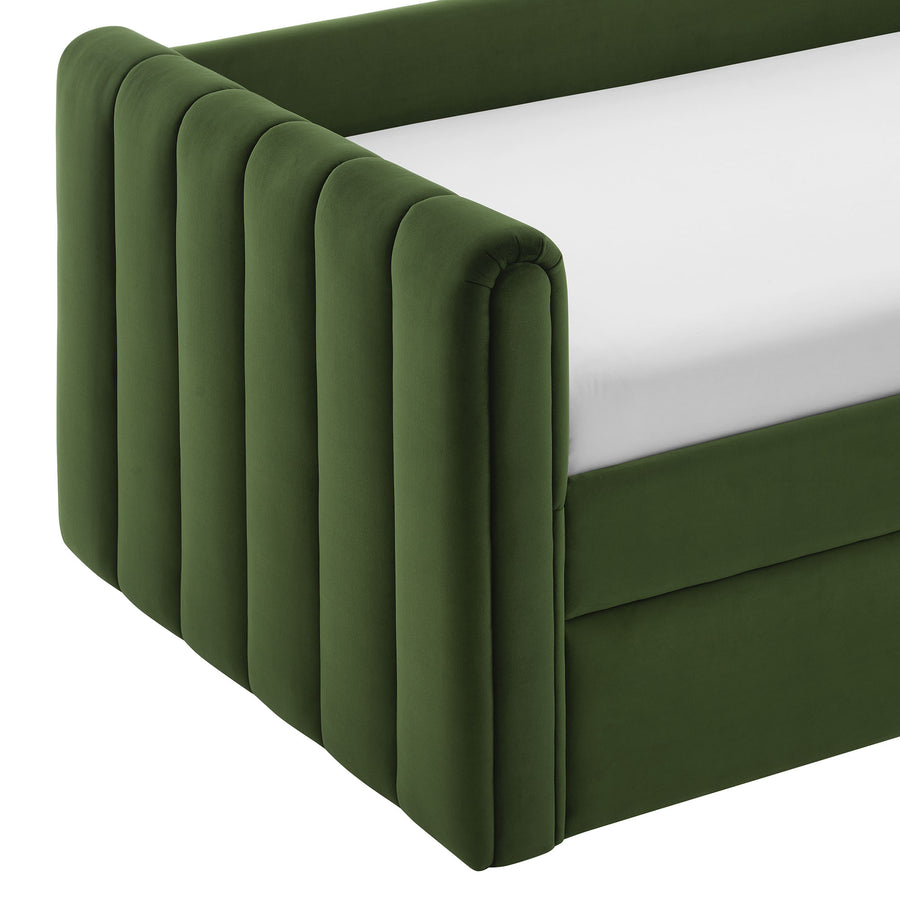 Kesia Channel Tufted Performance Velvet Twin Daybed With Trundle in Moss Green
