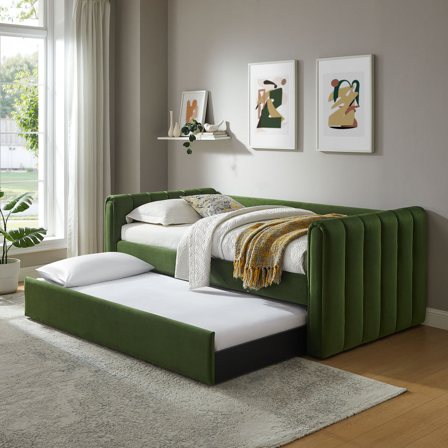 Kesia Channel Tufted Performance Velvet Twin Daybed With Trundle in Moss Green