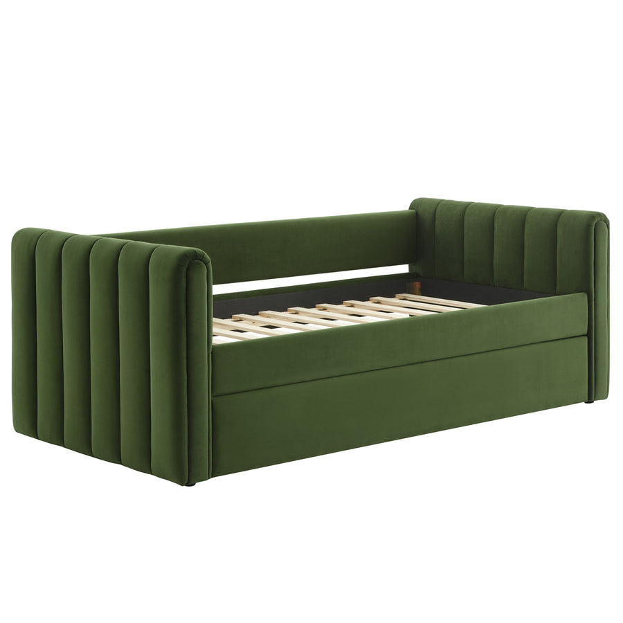 Kesia Channel Tufted Performance Velvet Twin Daybed With Trundle in Moss Green