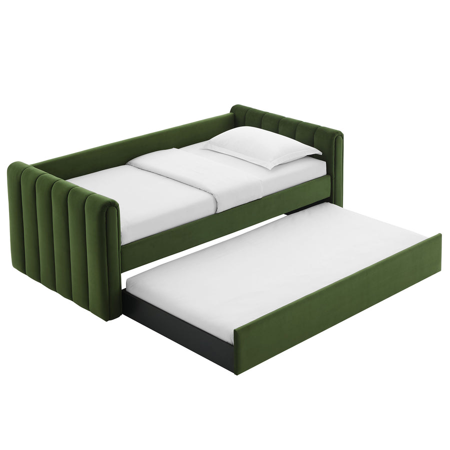 Kesia Channel Tufted Performance Velvet Twin Daybed With Trundle in Moss Green