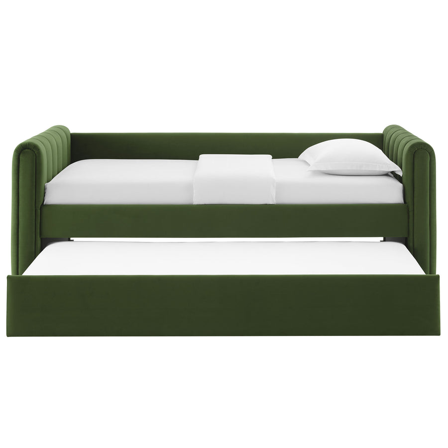 Kesia Channel Tufted Performance Velvet Twin Daybed With Trundle in Moss Green