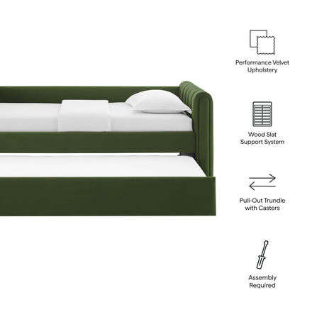 Veyla Channel Tufted Performance Velvet Twin Daybed With Trundle in Moss Green