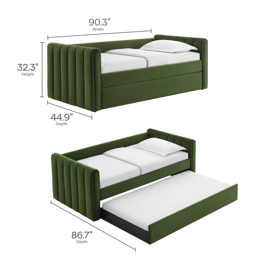 Kesia Channel Tufted Performance Velvet Twin Daybed With Trundle in Moss Green
