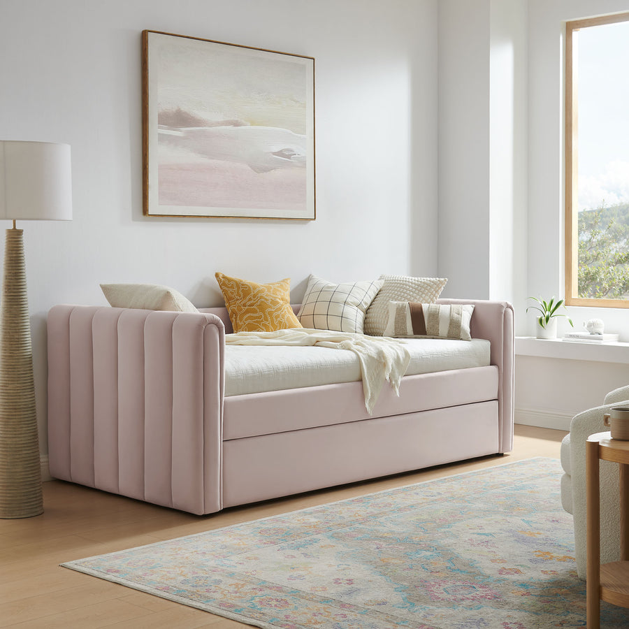 Kesia Channel Tufted Performance Velvet Twin Daybed With Trundle in Pink