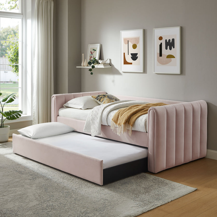 Kesia Channel Tufted Performance Velvet Twin Daybed With Trundle in Pink