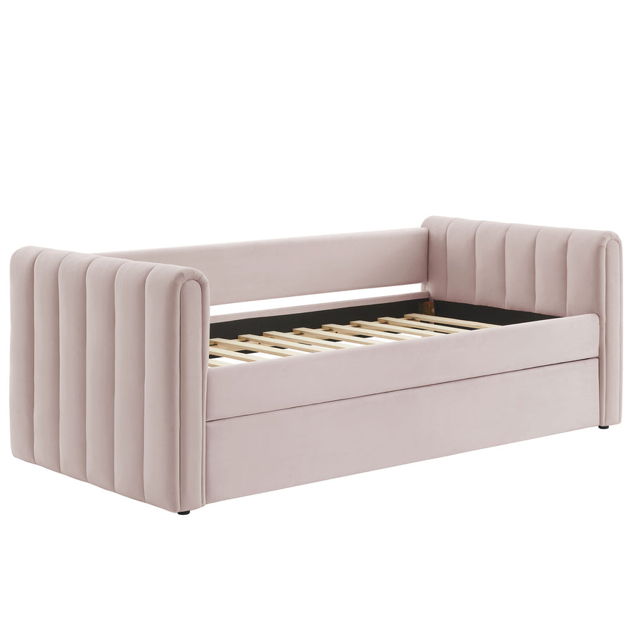 Kesia Channel Tufted Performance Velvet Twin Daybed With Trundle in Pink