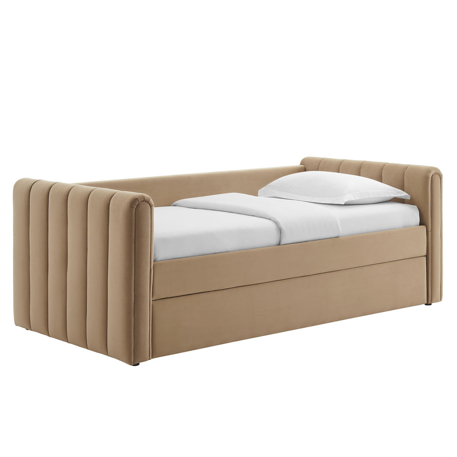 Kesia Channel Tufted Performance Velvet Twin Daybed With Trundle in Taupe