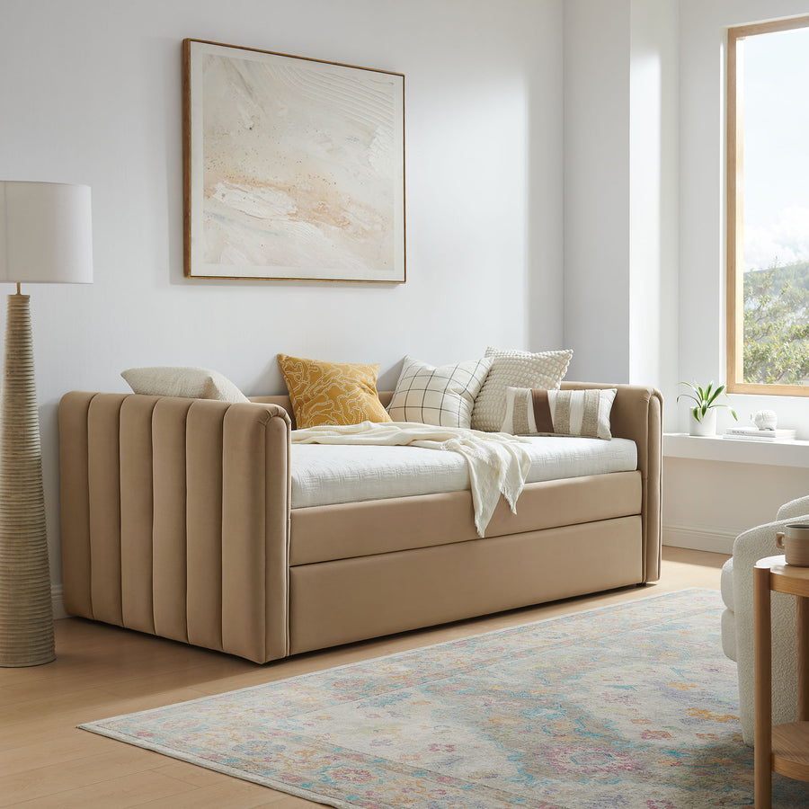 Kesia Channel Tufted Performance Velvet Twin Daybed With Trundle in Taupe