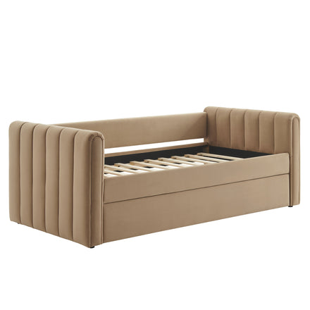 Veyla Channel Tufted Performance Velvet Twin Daybed With Trundle in Taupe