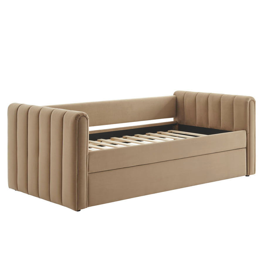 Kesia Channel Tufted Performance Velvet Twin Daybed With Trundle in Taupe