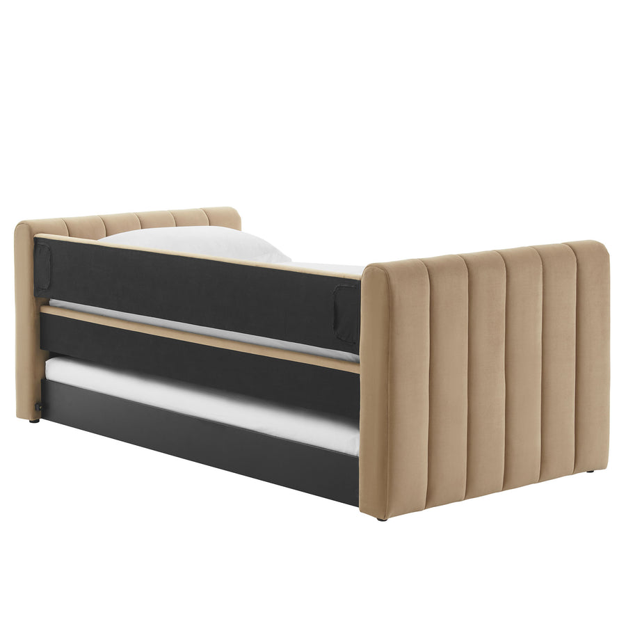 Kesia Channel Tufted Performance Velvet Twin Daybed With Trundle in Taupe